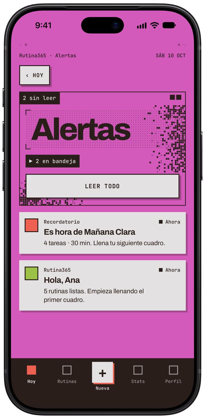 Pantalla Alertas: dos avisos sin leer en la bandeja