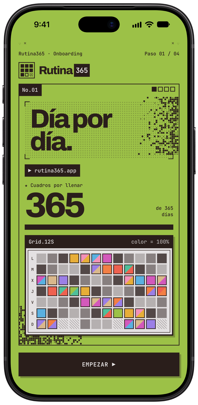 Bienvenida: «Día por día.», contador de 365 cuadros y mapa de 12 semanas lleno de colores