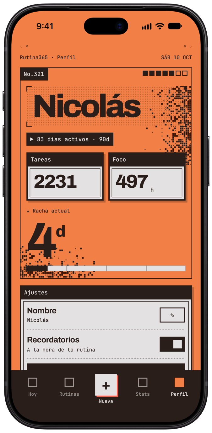 Pantalla Perfil: 2231 tareas, 497 horas de foco, racha de 4 días y ajustes
